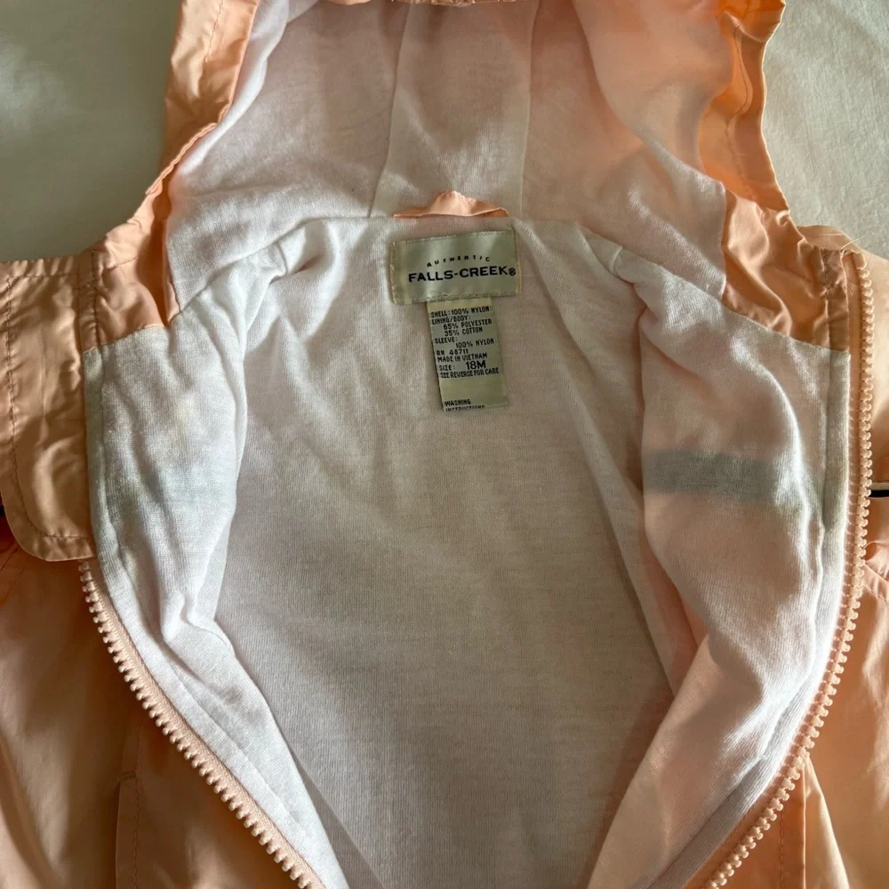Falls Creek Peach Hooded Girls Raincoat Embroidered Flowers Pockets Size 18 Mo